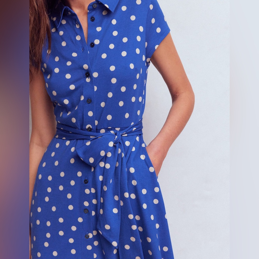 NWT Boden Marcia Jersey Shirt Dress in Bright Blue Painted Dot - Picture 2 of 10
